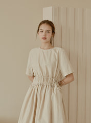 Midi-Length Linen Dress with Ruched Waist and Short Sleeves for Effortless Everyday Elegance