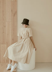Midi-Length Linen Dress with Ruched Waist and Short Sleeves for Effortless Everyday Elegance
