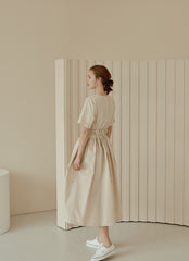 Midi-Length Linen Dress with Ruched Waist and Short Sleeves for Effortless Everyday Elegance