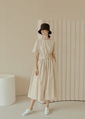 Midi-Length Linen Dress with Ruched Waist and Short Sleeves for Effortless Everyday Elegance
