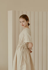 Midi-Length Linen Dress with Ruched Waist and Short Sleeves for Effortless Everyday Elegance
