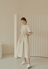 Midi-Length Linen Dress with Ruched Waist and Short Sleeves for Effortless Everyday Elegance