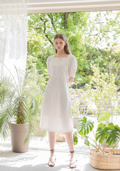 Square Neck Linen Midi Dress with Puff Sleeves and Front Button Detail for Elegant Summer Styling