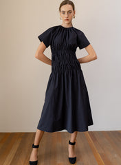 Elegant A-line Linen Midi Dress with Shirred Waist and Short Sleeves for Effortless Style