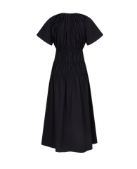 Elegant A-line Linen Midi Dress with Shirred Waist and Short Sleeves for Effortless Style