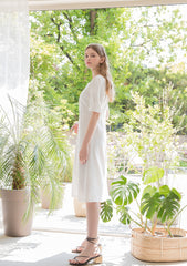 Square Neck Linen Midi Dress with Puff Sleeves and Front Button Detail for Elegant Summer Styling