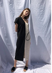 Asymmetric One-Shoulder Linen Midi Dress with Dual-Tone Panel and Puff Sleeve Detail