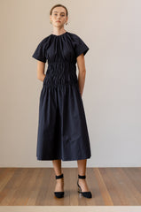 Elegant A-line Linen Midi Dress with Shirred Waist and Short Sleeves for Effortless Style