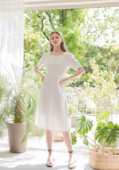 Square Neck Linen Midi Dress with Puff Sleeves and Front Button Detail for Elegant Summer Styling