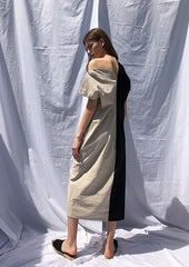 Asymmetric One-Shoulder Linen Midi Dress with Dual-Tone Panel and Puff Sleeve Detail