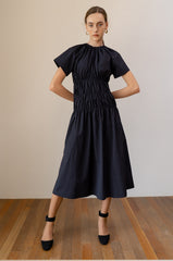 Elegant A-line Linen Midi Dress with Shirred Waist and Short Sleeves for Effortless Style