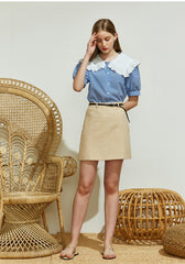 Gingham Linen Blouse with Oversized Embroidered Collar and Puff Sleeves for Vintage Charm