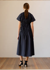 Elegant A-line Linen Midi Dress with Shirred Waist and Short Sleeves for Effortless Style