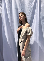 Asymmetric One-Shoulder Linen Midi Dress with Dual-Tone Panel and Puff Sleeve Detail