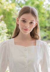 Square Neck Linen Midi Dress with Puff Sleeves and Front Button Detail for Elegant Summer Styling