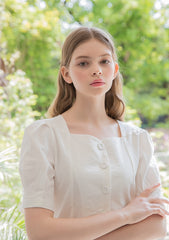 Square Neck Linen Midi Dress with Puff Sleeves and Front Button Detail for Elegant Summer Styling