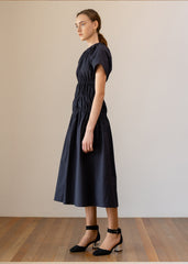 Elegant A-line Linen Midi Dress with Shirred Waist and Short Sleeves for Effortless Style
