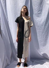 Asymmetric One-Shoulder Linen Midi Dress with Dual-Tone Panel and Puff Sleeve Detail