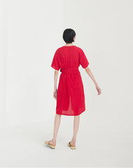 Button-Front V-Neck Linen Midi Dress with Waist Tie and Short Sleeves for Summer Style