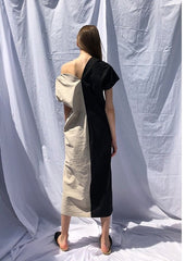 Asymmetric One-Shoulder Linen Midi Dress with Dual-Tone Panel and Puff Sleeve Detail