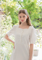 Square Neck Linen Midi Dress with Puff Sleeves and Front Button Detail for Elegant Summer Styling