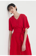 Button-Front V-Neck Linen Midi Dress with Waist Tie and Short Sleeves for Summer Style