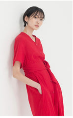Button-Front V-Neck Linen Midi Dress with Waist Tie and Short Sleeves for Summer Style