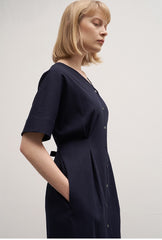 Women's Linen Midi Dress – Short Sleeve Button Front V-Neck Dress with Waist Tie