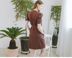 Tailored Linen Button-Down Dress With Puff Sleeves And Belted Waist For Elegant Summer Style