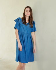 Flared Linen Midi Dress with Ruffle Collar and Short Sleeves for Elegant Summer Outfits