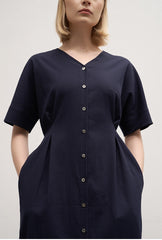 Women's Linen Midi Dress – Short Sleeve Button Front V-Neck Dress with Waist Tie