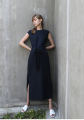 Linen Midi Dress with Waist Tie and Cap Sleeves – Minimalist Silhouette for Effortless Style
