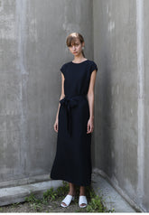Linen Midi Dress with Waist Tie and Cap Sleeves – Minimalist Silhouette for Effortless Style
