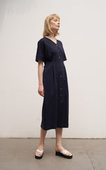 Women's Linen Midi Dress – Short Sleeve Button Front V-Neck Dress with Waist Tie