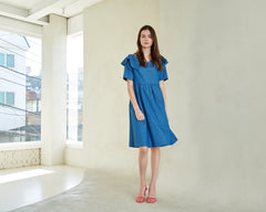Flared Linen Midi Dress with Ruffle Collar and Short Sleeves for Elegant Summer Outfits