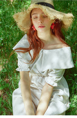 Midi Puff-Sleeve Linen Dress With Wide Sailor Collar And Shirred Waist