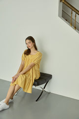 Tiered Linen Mini Dress with Puff Sleeves and Square Neckline for Effortless Summer Style