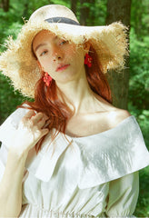 Midi Puff-Sleeve Linen Dress With Wide Sailor Collar And Shirred Waist