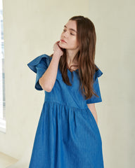 Flared Linen Midi Dress with Ruffle Collar and Short Sleeves for Elegant Summer Outfits