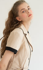 Short Sleeve Linen Shirt Dress with Tie Waist and Contrast Trim Collar and Cuffs