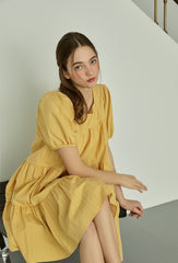 Tiered Linen Mini Dress with Puff Sleeves and Square Neckline for Effortless Summer Style