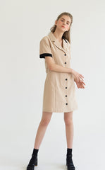 Short Sleeve Linen Shirt Dress with Tie Waist and Contrast Trim Collar and Cuffs