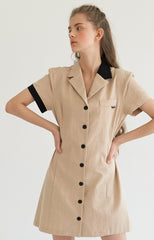 Short Sleeve Linen Shirt Dress with Tie Waist and Contrast Trim Collar and Cuffs