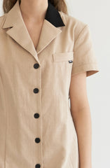 Short Sleeve Linen Shirt Dress with Tie Waist and Contrast Trim Collar and Cuffs