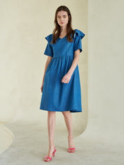 Flared Linen Midi Dress with Ruffle Collar and Short Sleeves for Elegant Summer Outfits