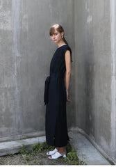 Linen Midi Dress with Waist Tie and Cap Sleeves – Minimalist Silhouette for Effortless Style