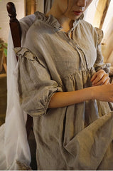 Vestido largo Madeline de lino y algodón con mangas abullonadas y volantes