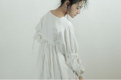 Lorena Linen Cotton Square Neck Lace Up Maxi Dress