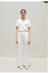 Women's Relaxed Fit V-Neck Cotton Poplin Top with Short Sleeves and Rolled Cuffs