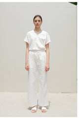 Women's Relaxed Fit V-Neck Cotton Poplin Top with Short Sleeves and Rolled Cuffs